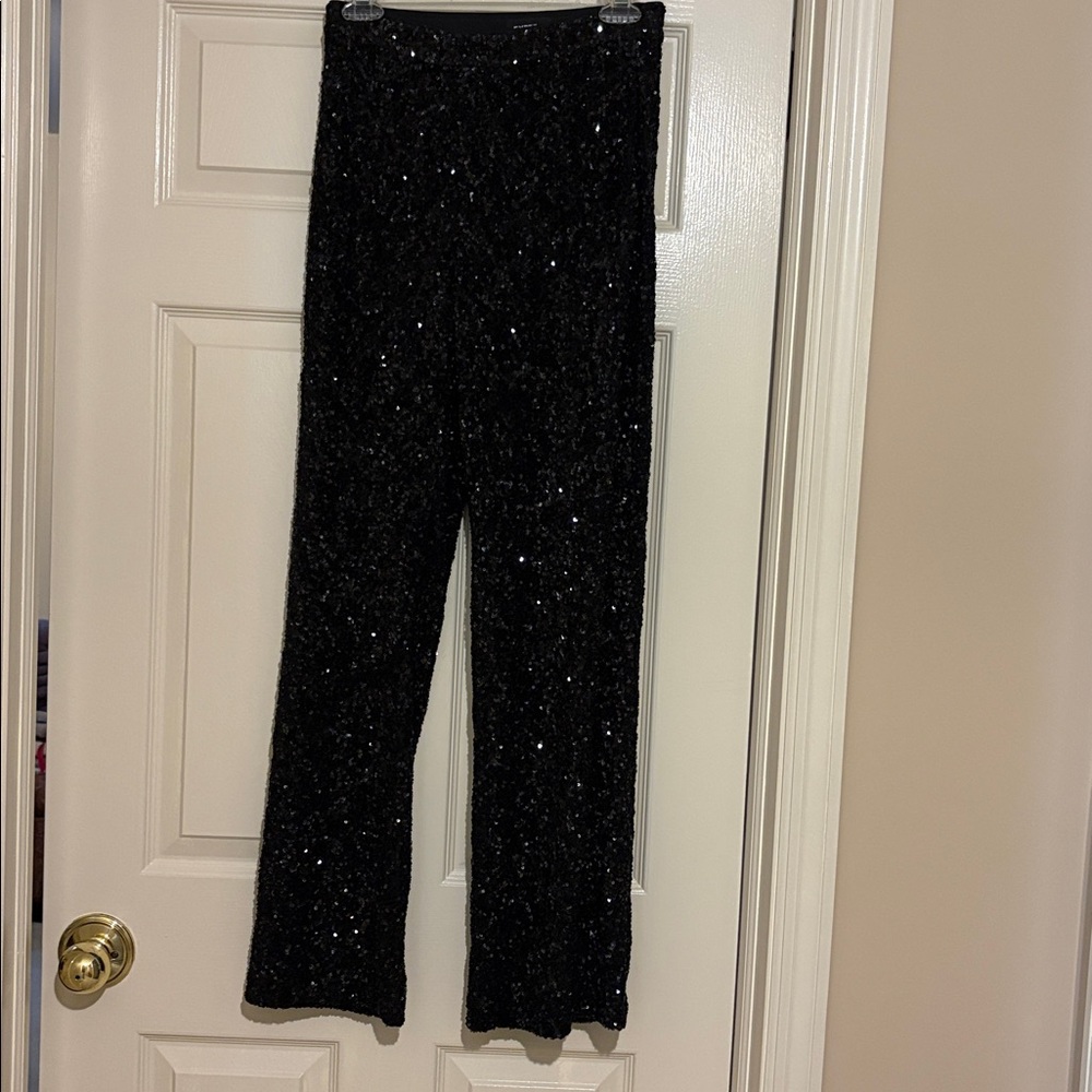 Black Sequin Wide-Leg Women's Pants